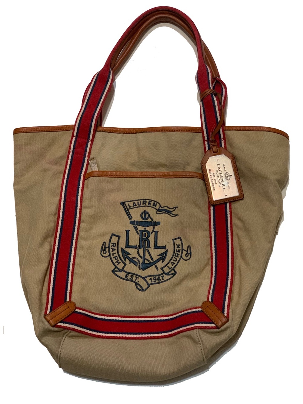 Ralph Lauren Khaki Canvas Tote with Red Navy-Striped Straps